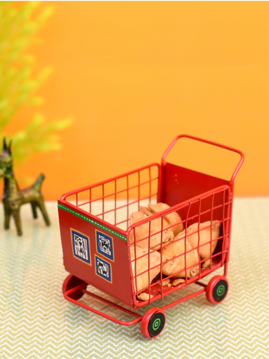 

AAKRITI ART CREATIONS Red & Blue Printed Funky Snacks Serving Trolly