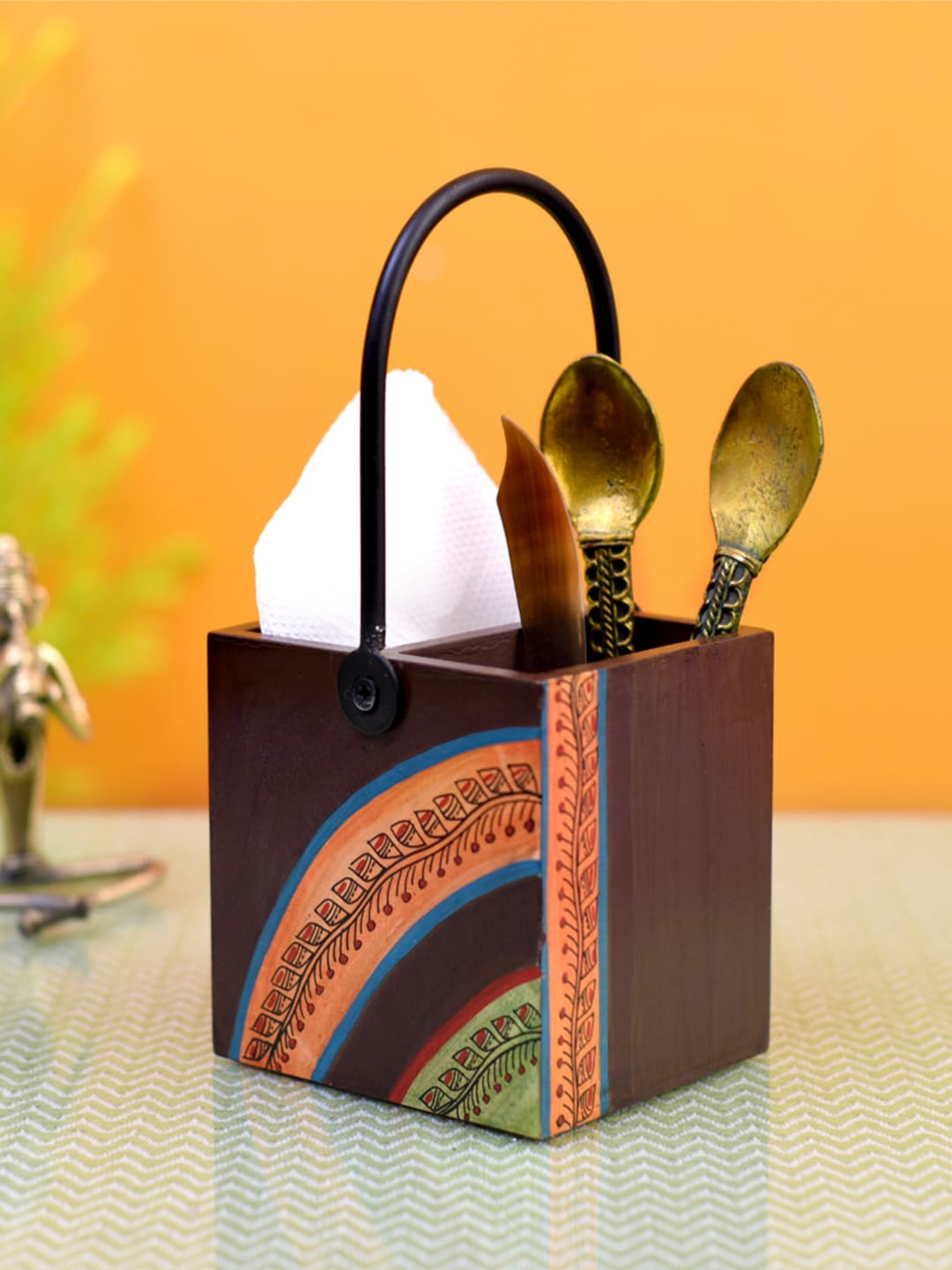 

AAKRITI ART CREATIONS Handcrafted Cutlery Stand, Brown