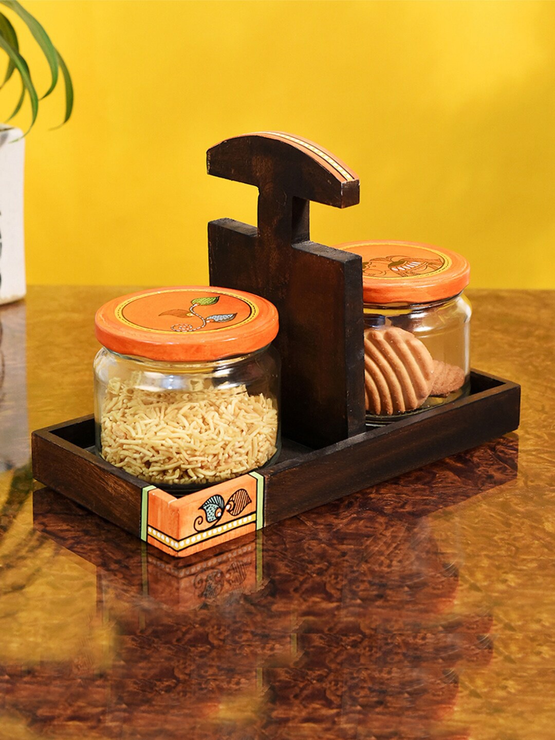 

AAKRITI ART CREATIONS 2 Glass Jars With Holder, Brown