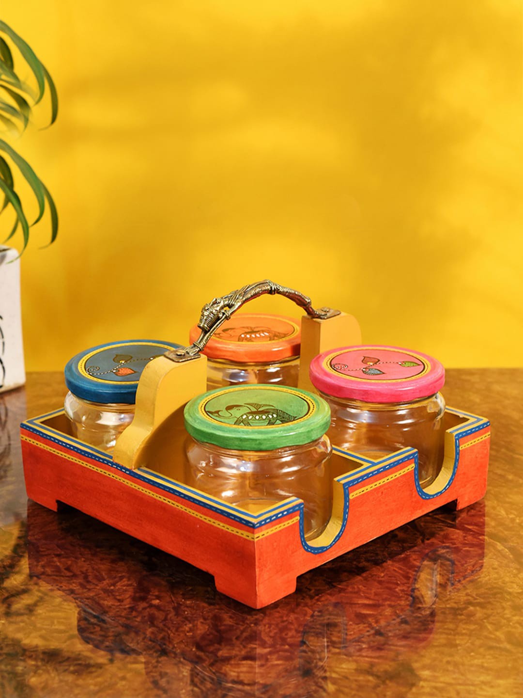 

AAKRITI ART CREATIONS 4 Jars With Tray, Orange