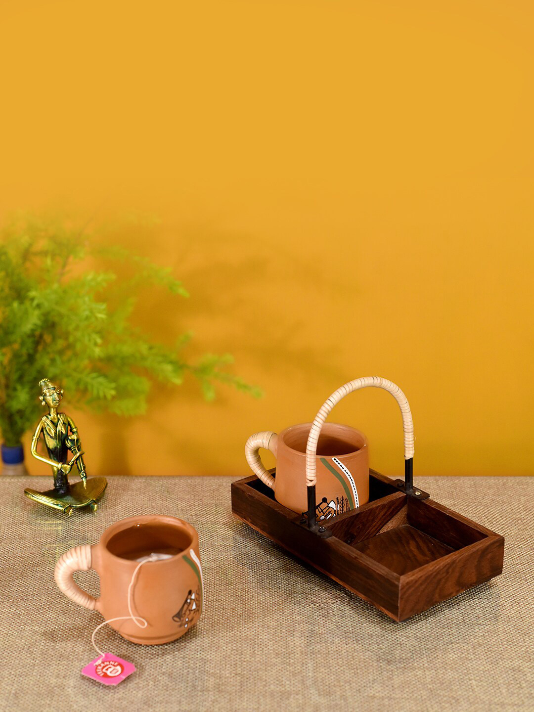 

AAKRITI ART CREATIONS Brown 2 Earthen Cups with Cane Embellished Wooden Tray