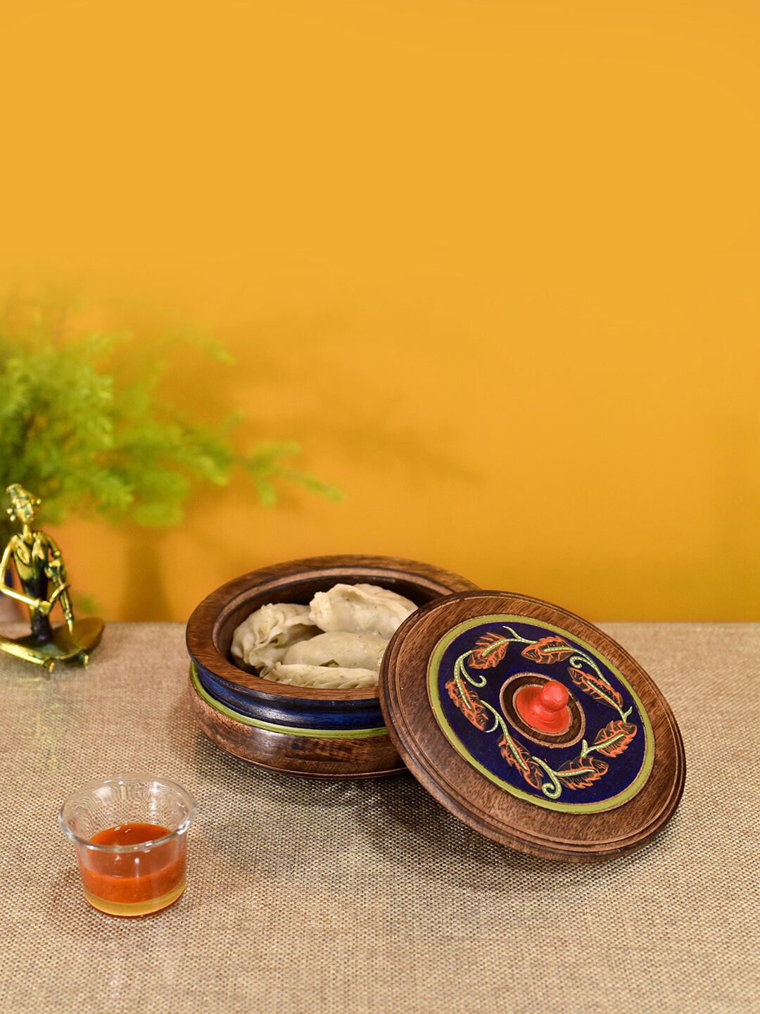 

AAKRITI ART CREATIONS Brown & Navy Blue Autumn Leaf Printed Wooden Dimsum Box
