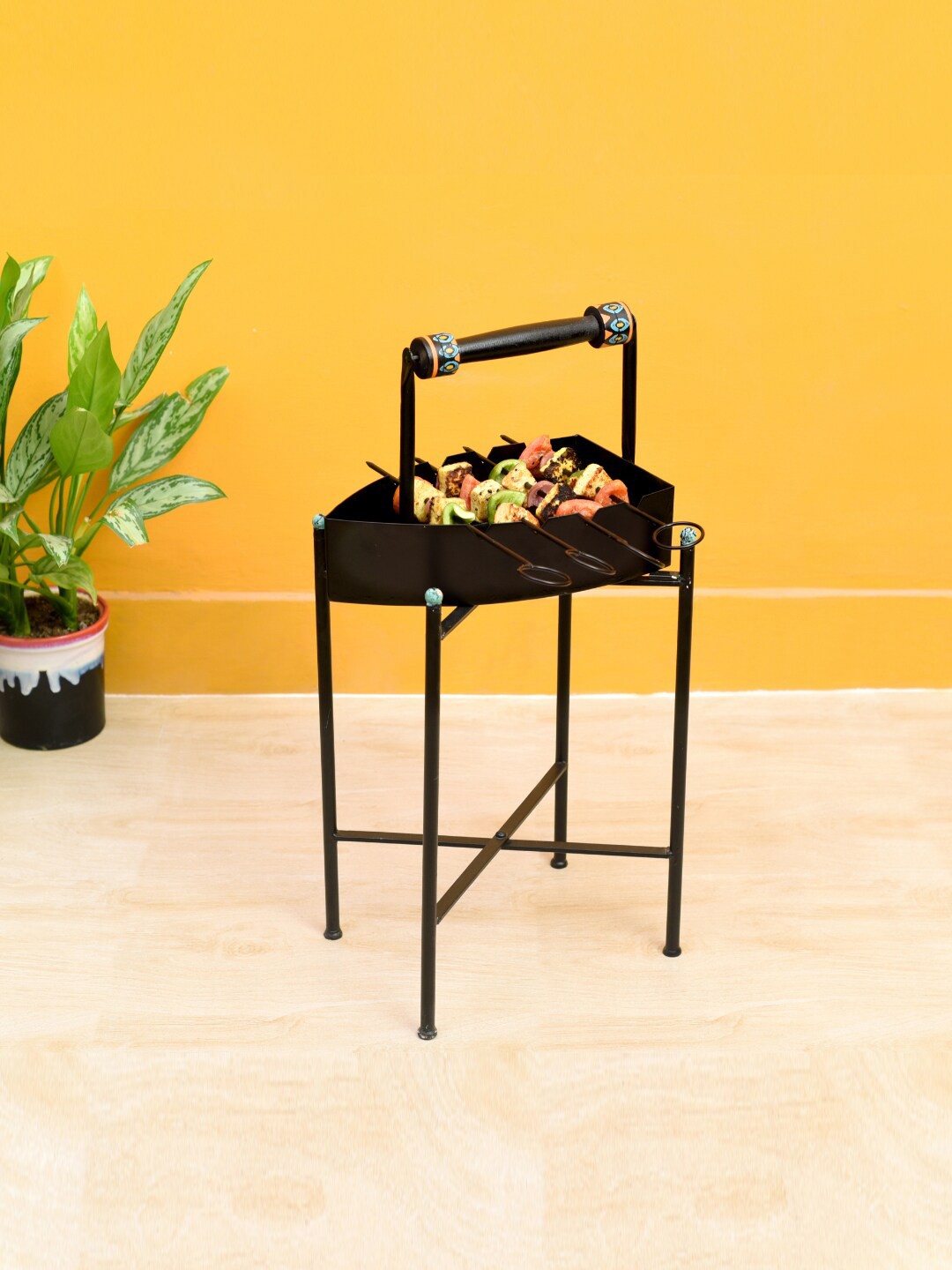 

AAKRITI ART CREATIONS Iron Bar-B-Que With Skewers On Cross Folding Metal Stand, Black