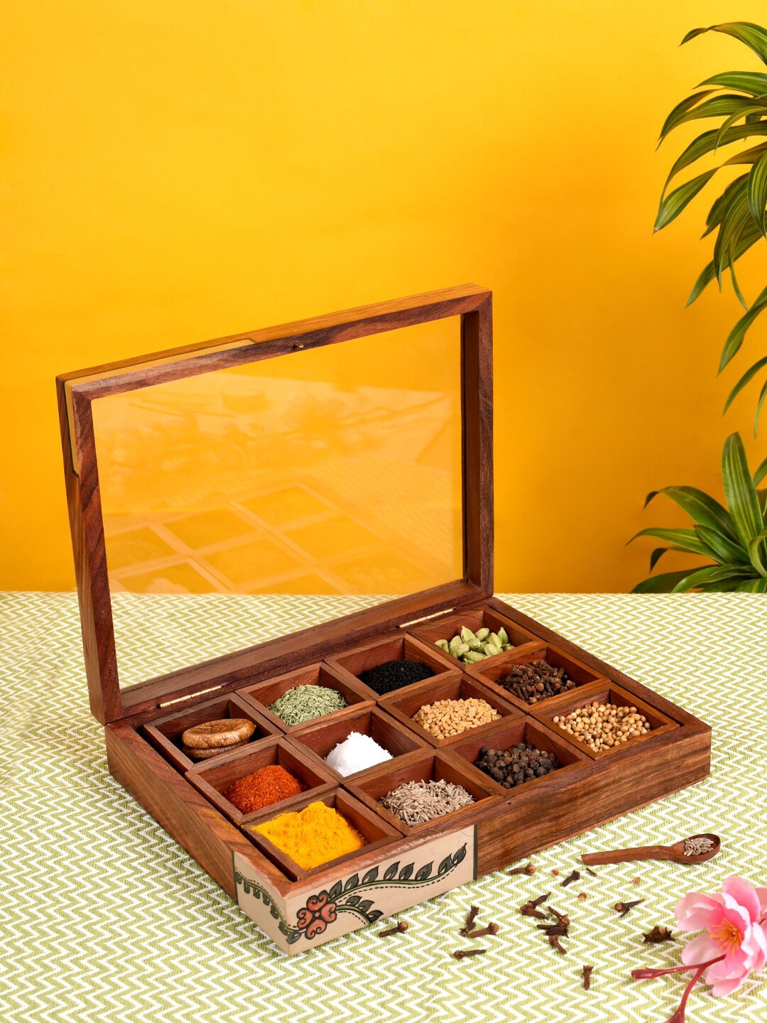 

AAKRITI ART CREATIONS Handcrafted 12 Slot Wooden Spice Box, Brown