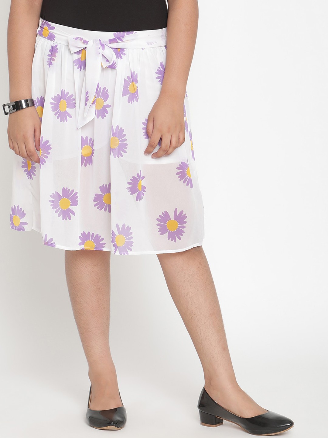 

Stuffie Land Girls White & Purple Floral Printed A-Line Knee-Length Skirt