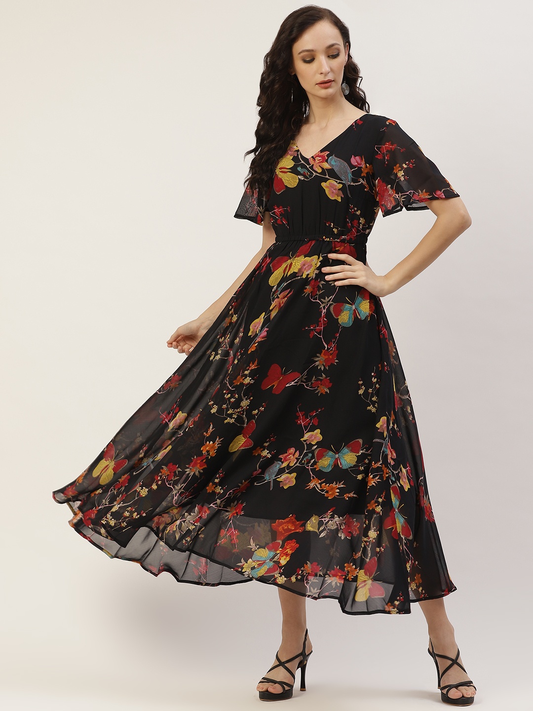 

Deewa Black Floral Georgette Maxi Dress