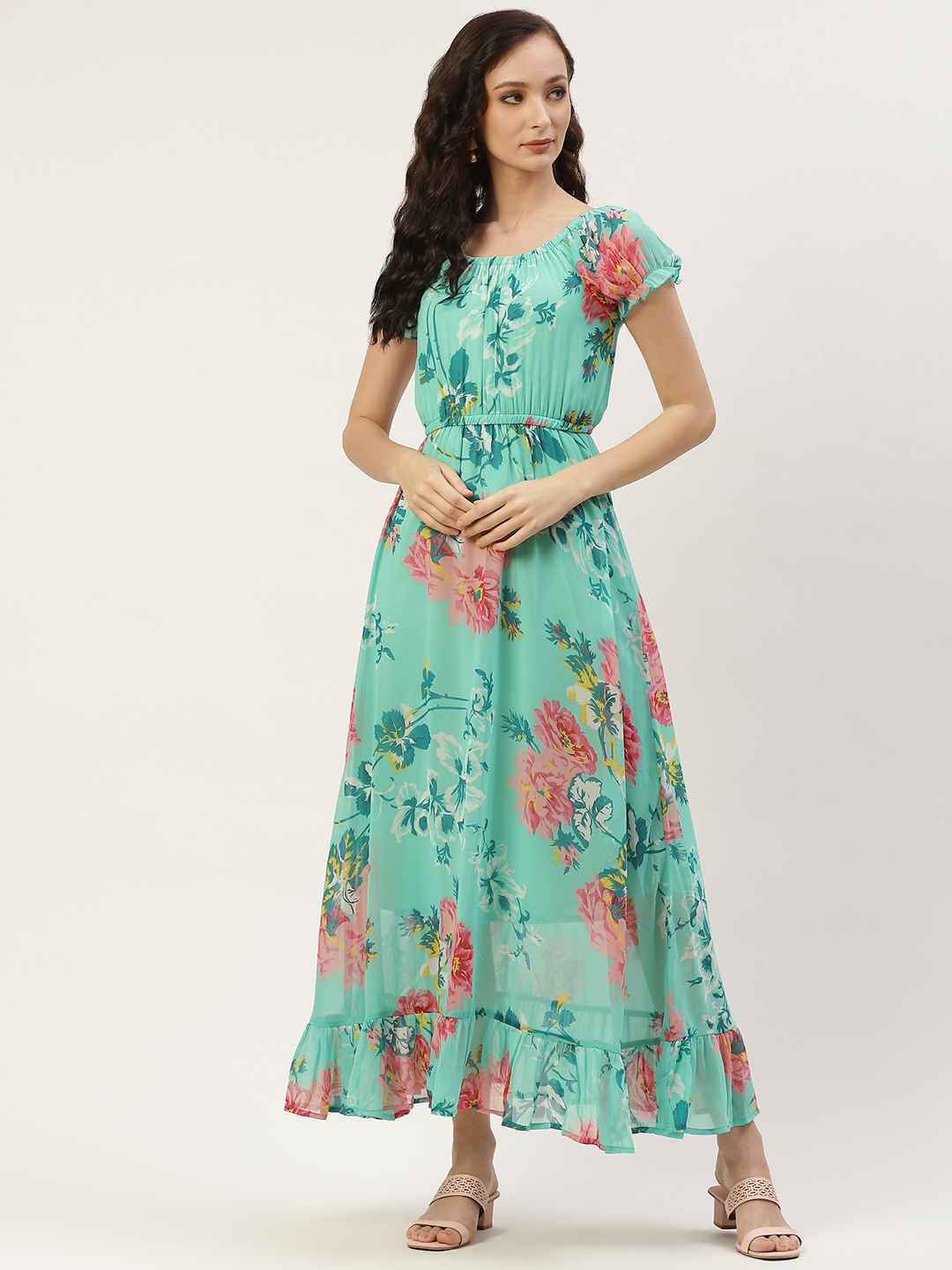 

Deewa Women Sea Green & Pink Floral Print Maxi Dress