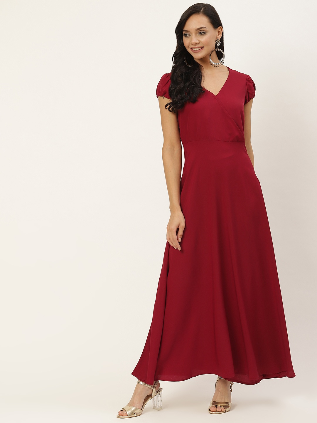 

Deewa Women Maroon Solid Crepe Puff Sleeves Maxi Dress
