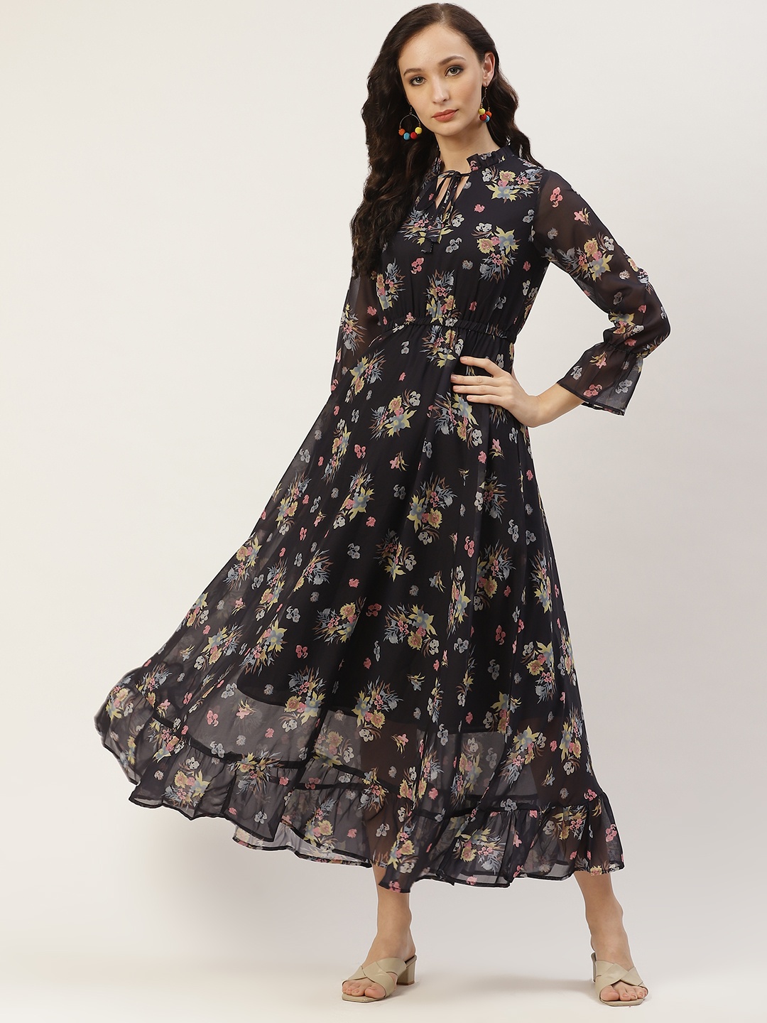 

Deewa Black Floral Keyhole Neck Georgette Maxi Dress