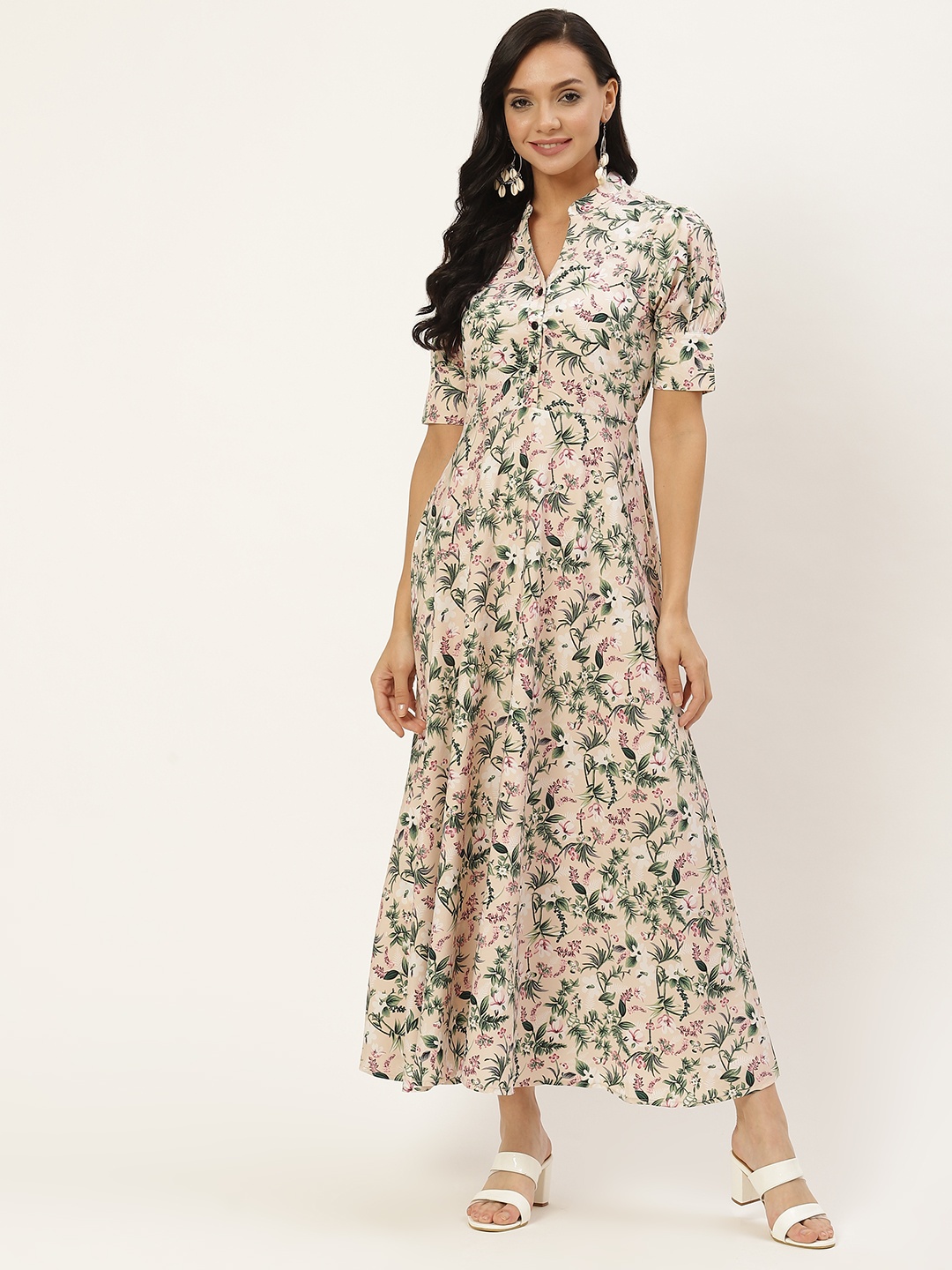 

Deewa Women Beige & Green Floral Print Crepe Puff Sleeves Maxi Dress