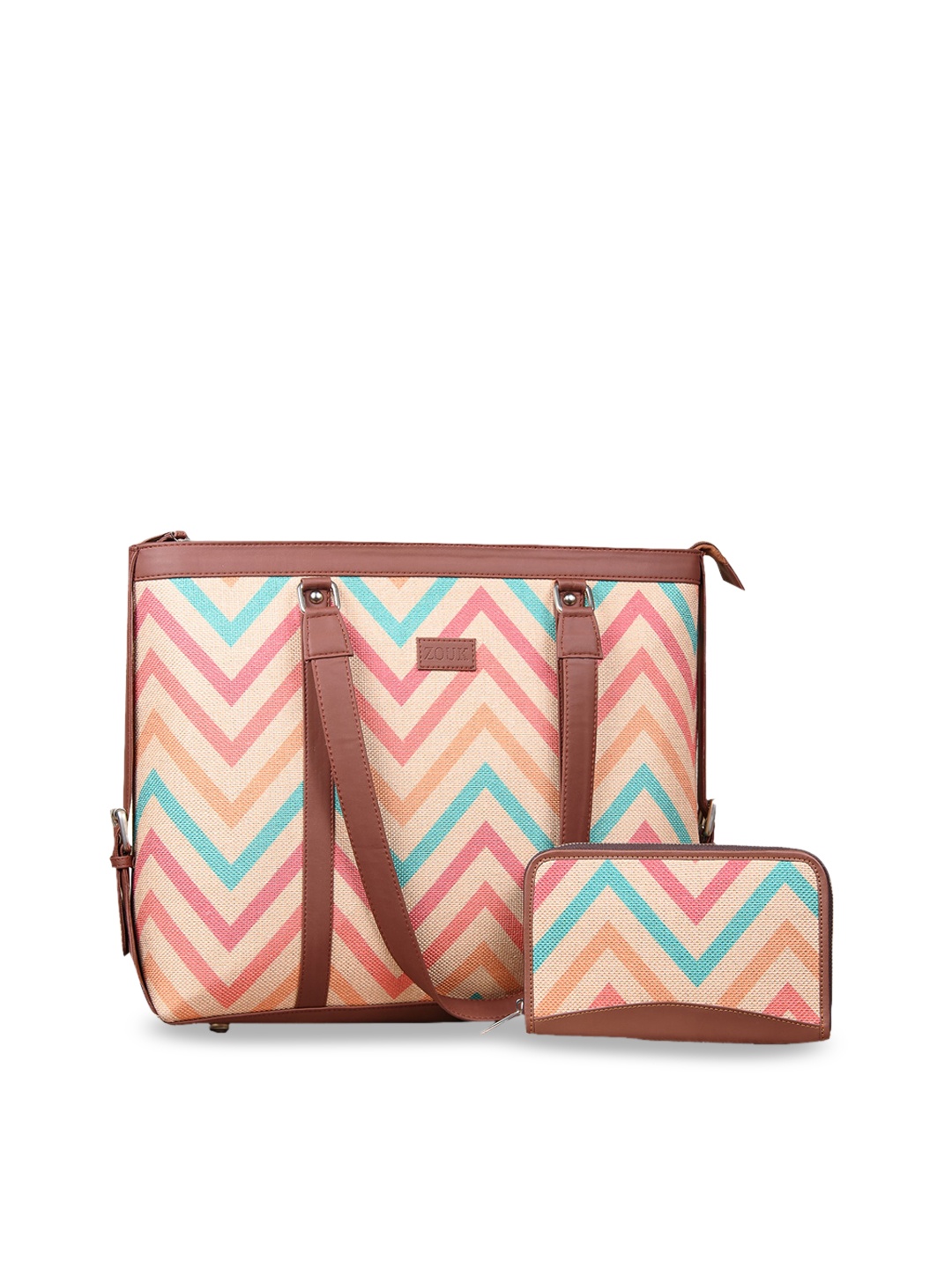 

ZOUK Multi-Coloured Printed Shoulder Bag with Laptop Compartment and Chain Wallet Combo
