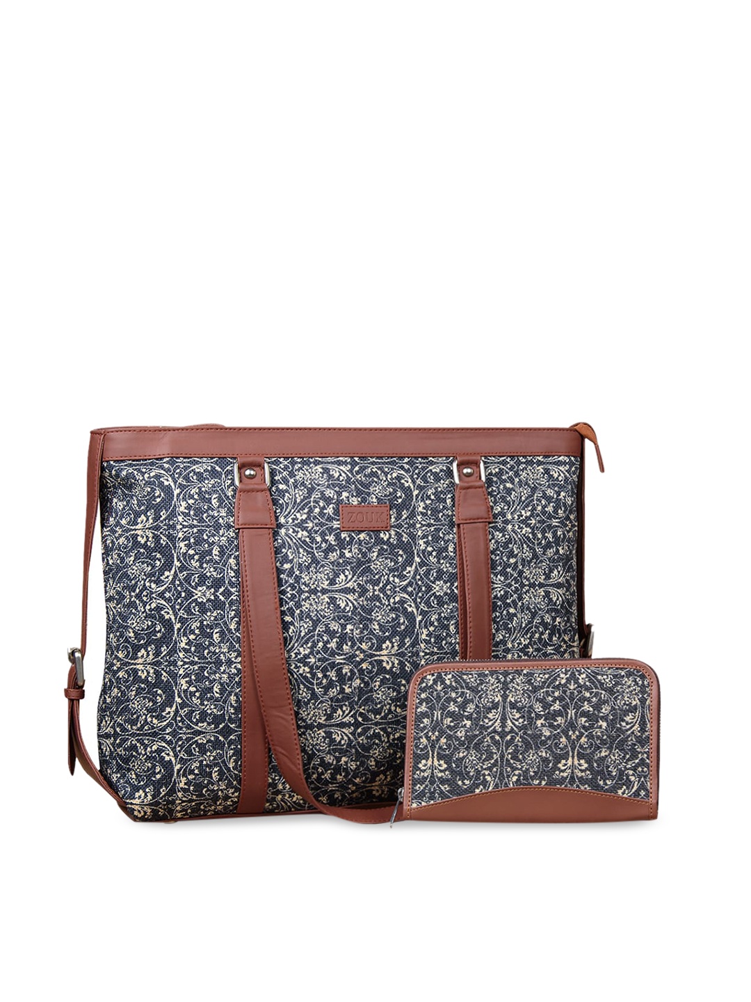 

ZOUK Set of 2 Ethnic Motifs Printed Structured Handheld Bag & Chain Wallet Combo, Navy blue