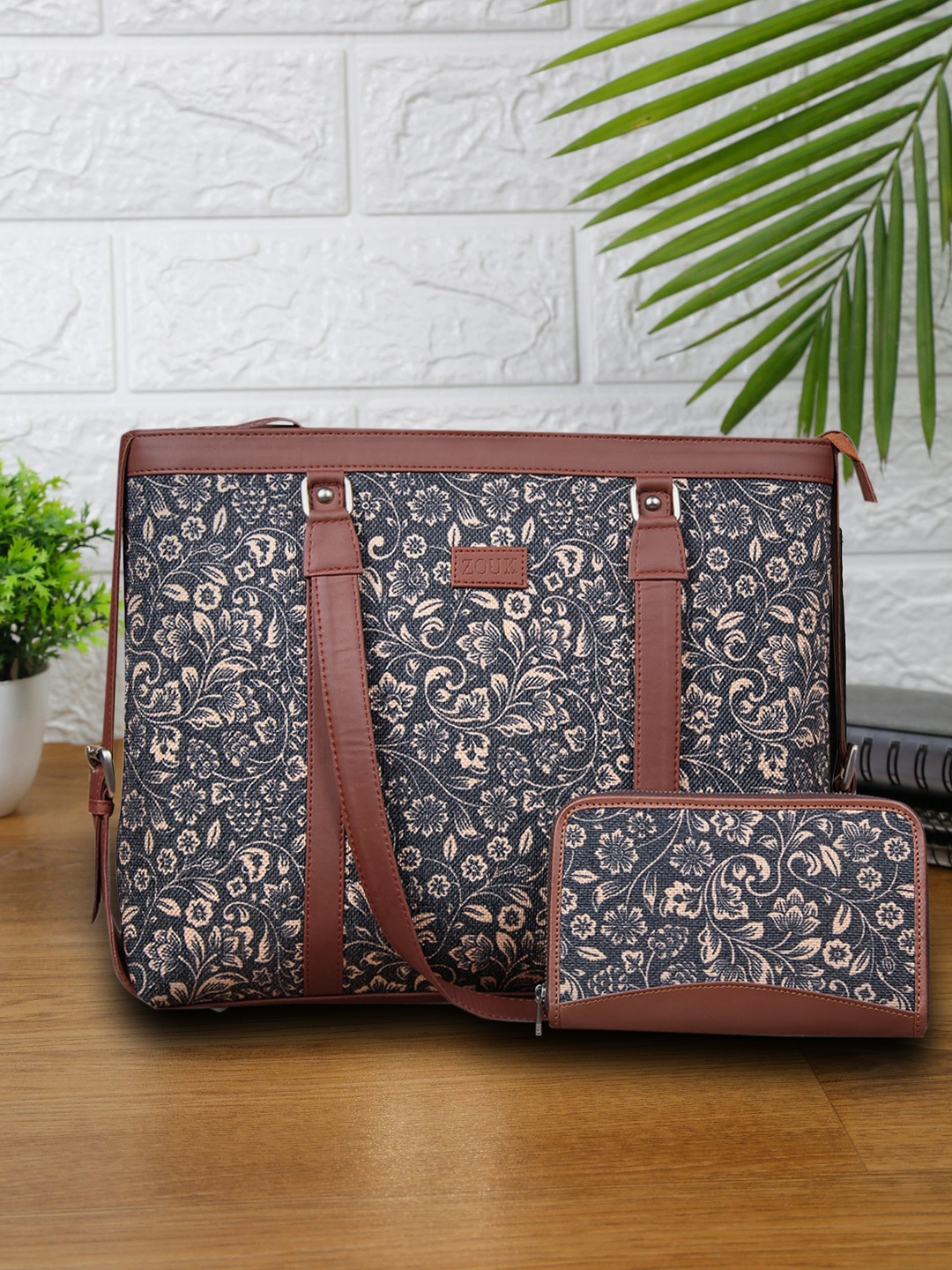 

ZOUK Black Beige Printed Vegan Leather Office Bag with Laptop Compartment & Chain Wallet