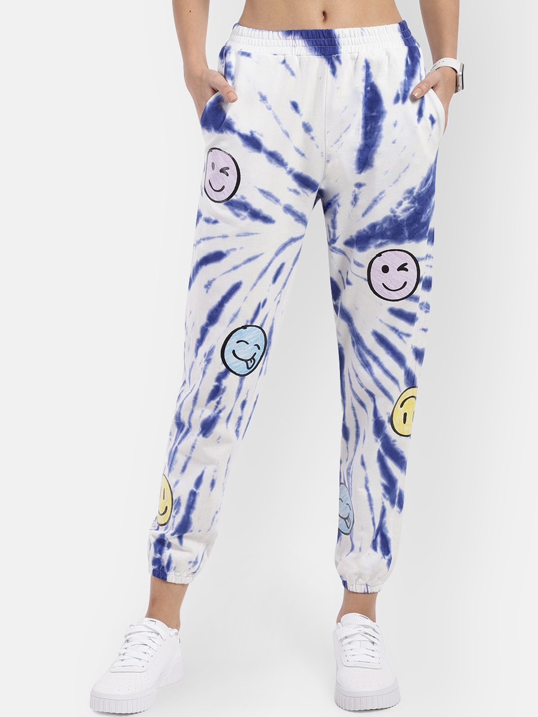 

R26 Women White & Blue Tie & Dye Slim-Fit Cotton Joggers