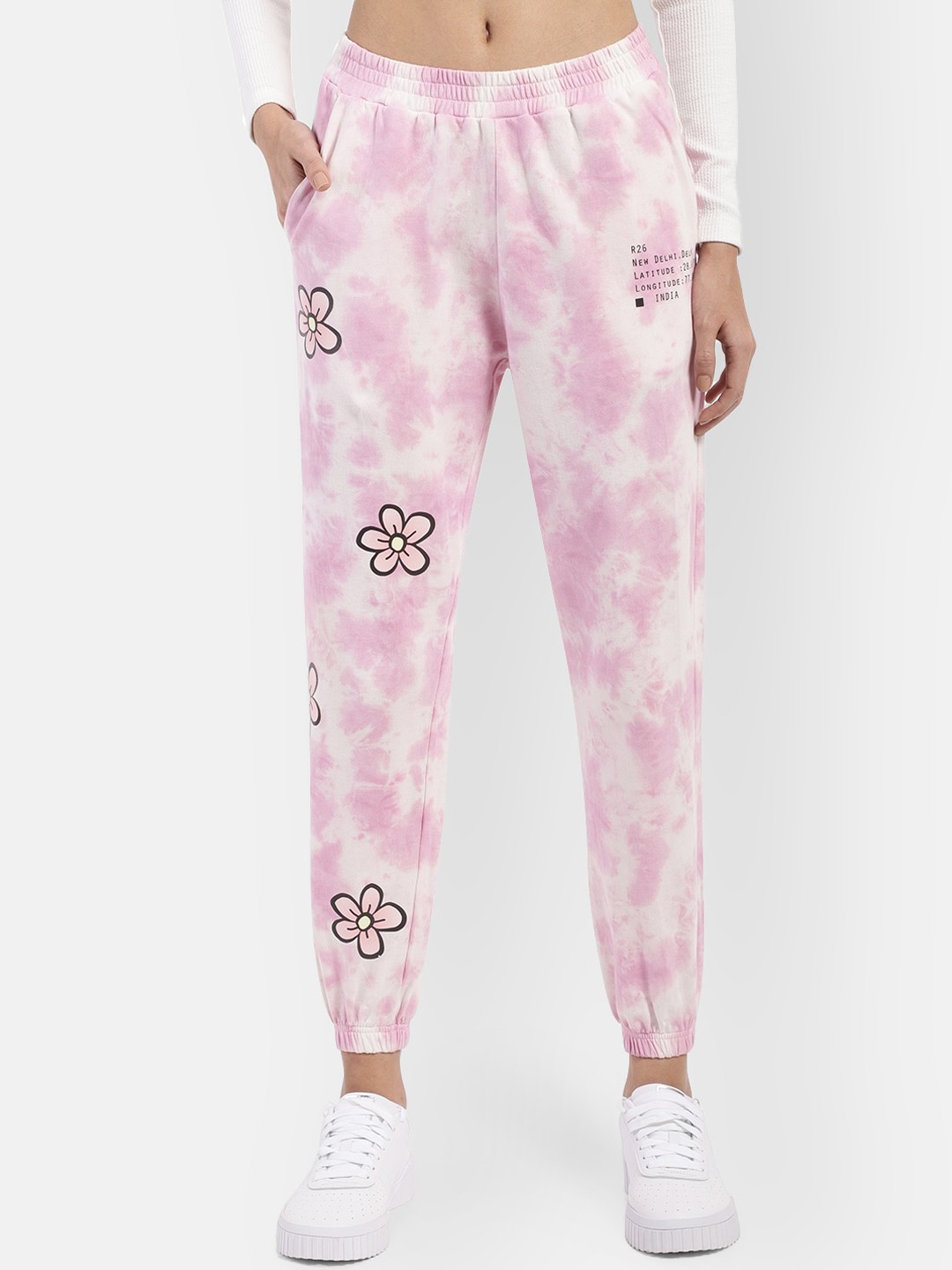 

R26 Women Pink & White Tie Dye Printed Cotton Joggers