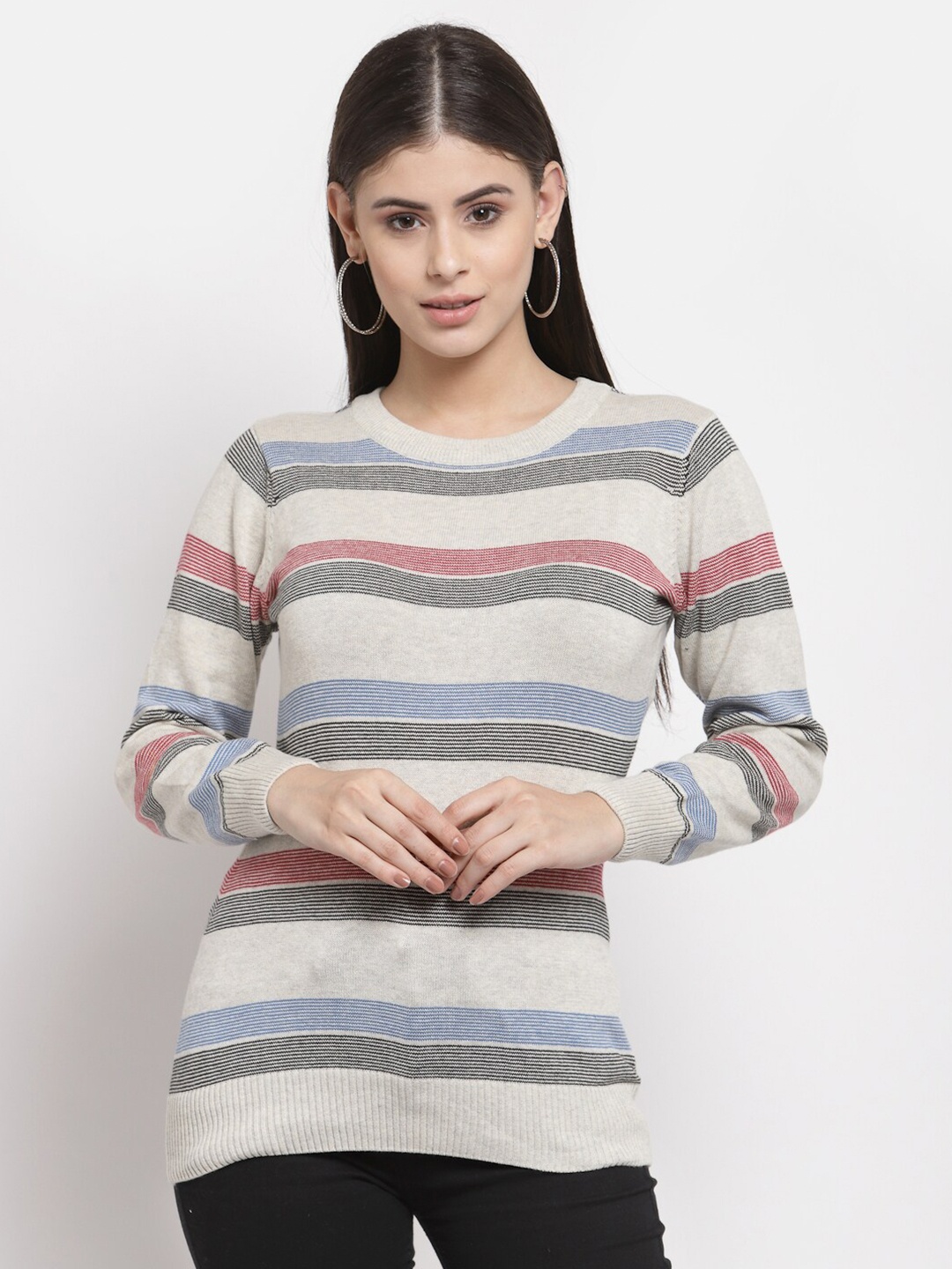

Style Quotient Women Grey & Blue Striped Pullover Sweater