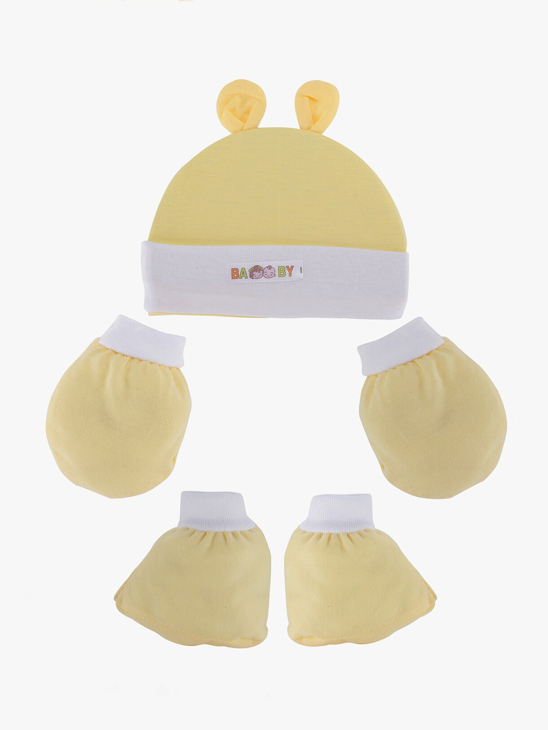 

POKORY Kids Yellow Cotton Cotton Cap Hand Gloves Mitten and Socks Set