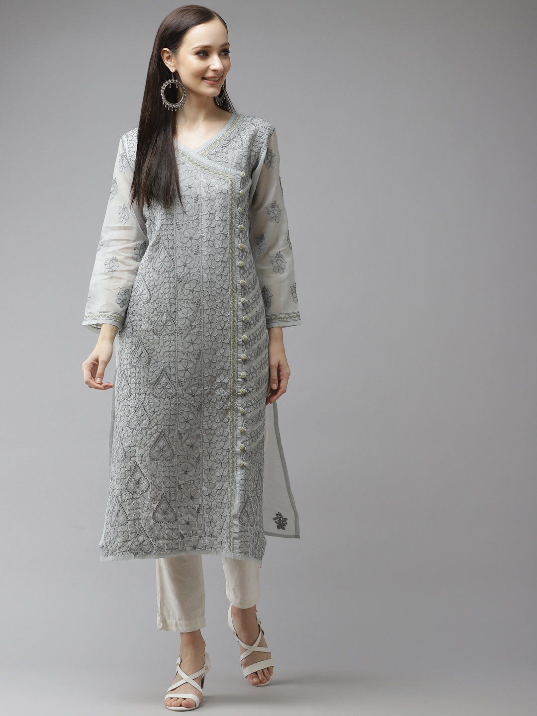 

ADA Women Grey & Grey Ethnic Motifs Embroidered Kurta