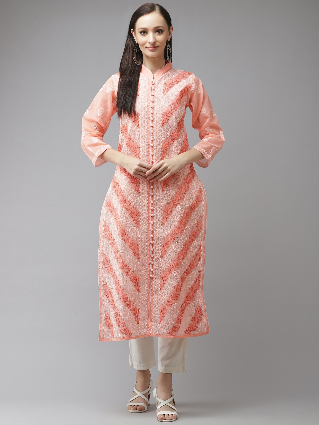 

ADA Women Peach-Coloured & Peach-Coloured Ethnic Motifs Embroidered Thread Work Indie Prints Handloom Kurta