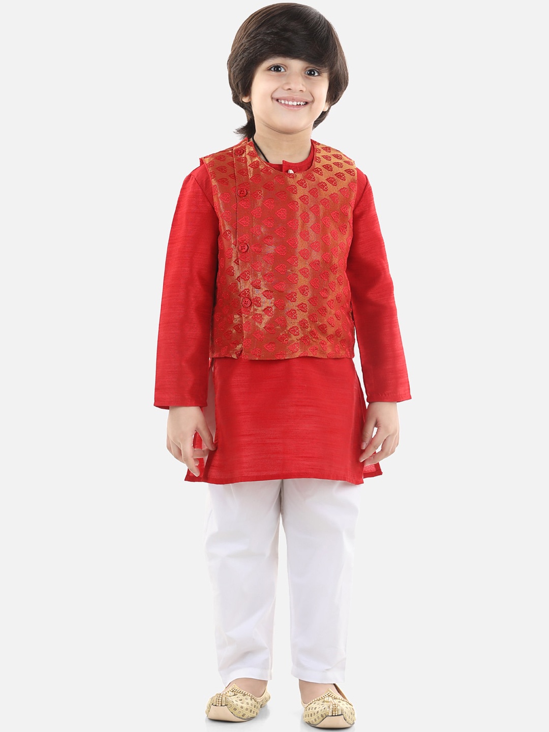 

BownBee Boys Red Regular Jacquard Jacket Kurta with Pyjamas