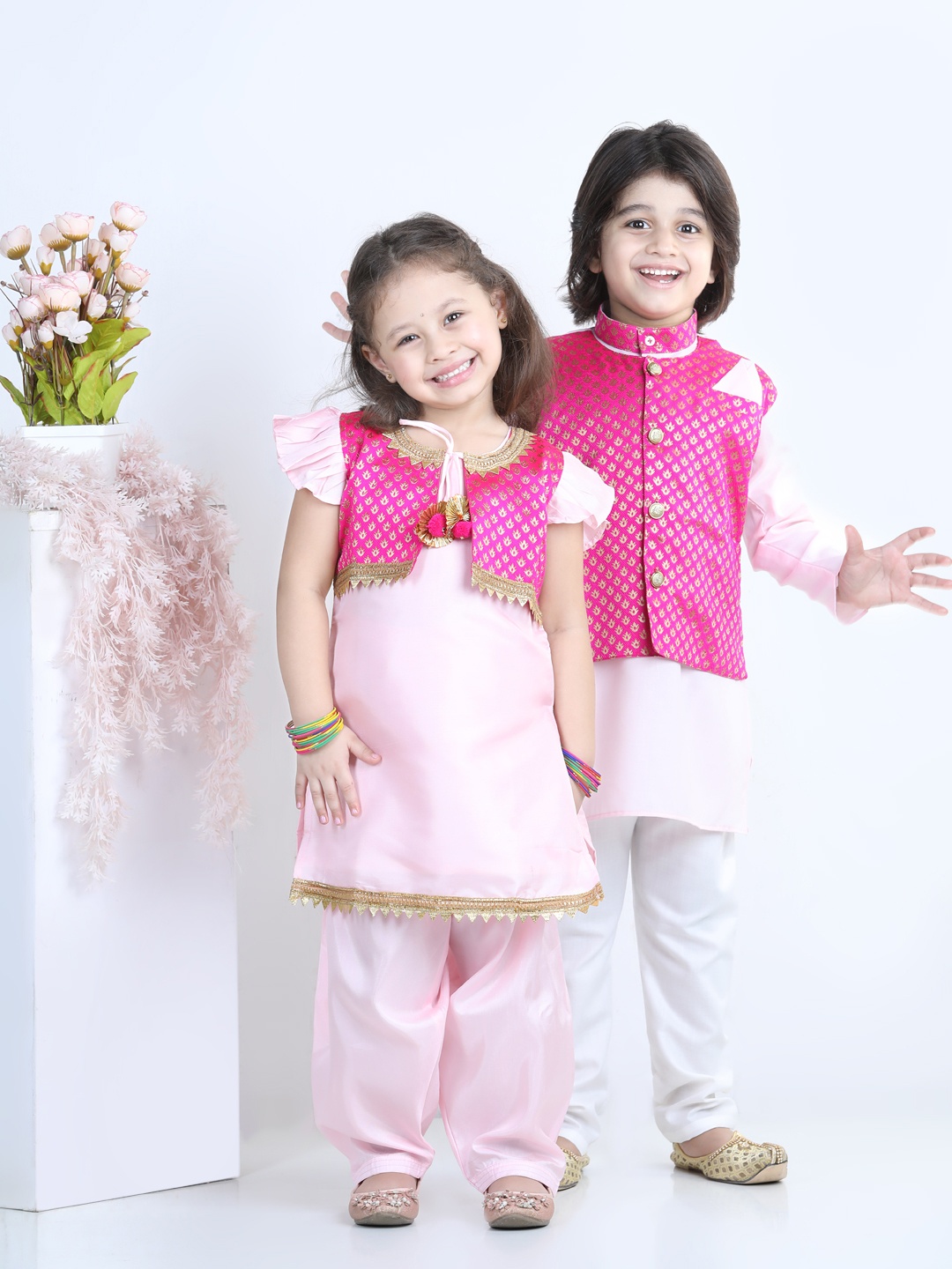 

BownBee Girls Pink Solid Kurta & Salwar With Woven Designed Jacket