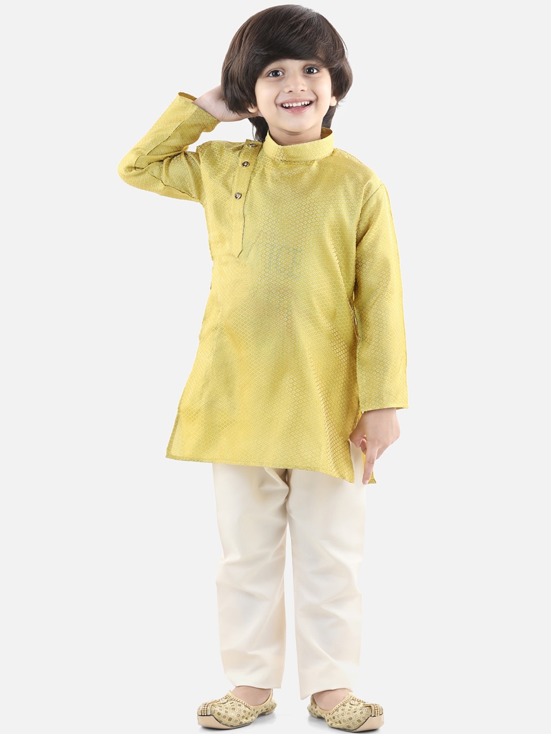 

BownBee Boys Yellow Jacquard Angrakha Kurta with Pyjamas