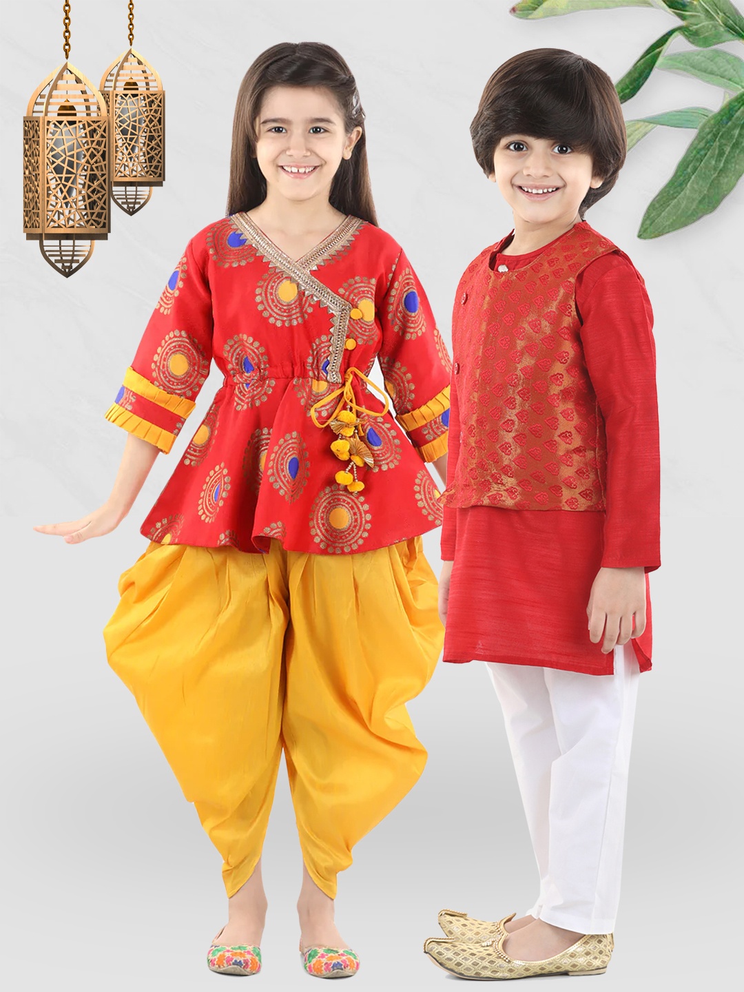 

BownBee Girls Red Ethnic Motifs Printed Angrakha Gotta Patti Kurti with Dhoti Pants