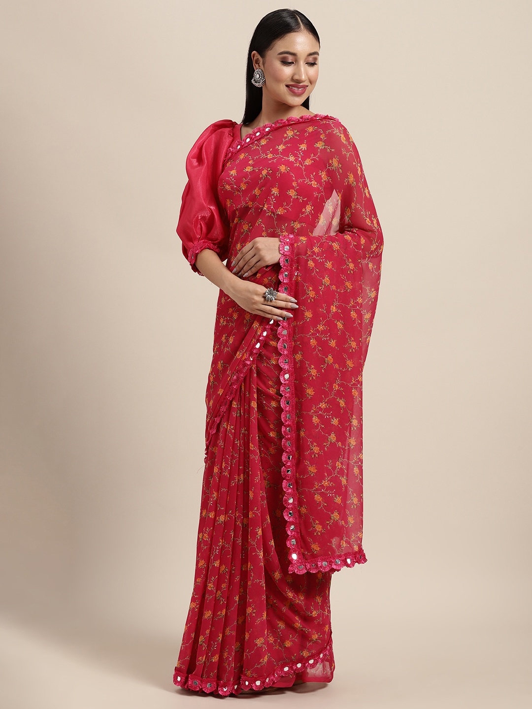 

Tikhi Imli Pink & Green Georgette Floral Printed Saree
