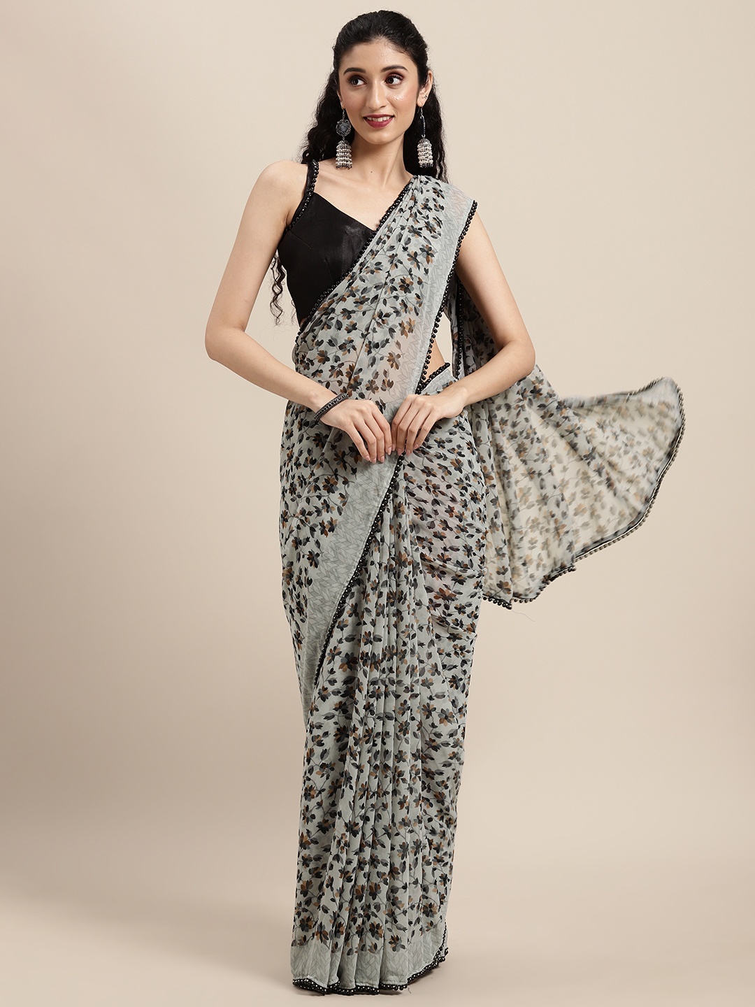 

Tikhi Imli Grey & Black Floral Print Saree with Pom Pom Border