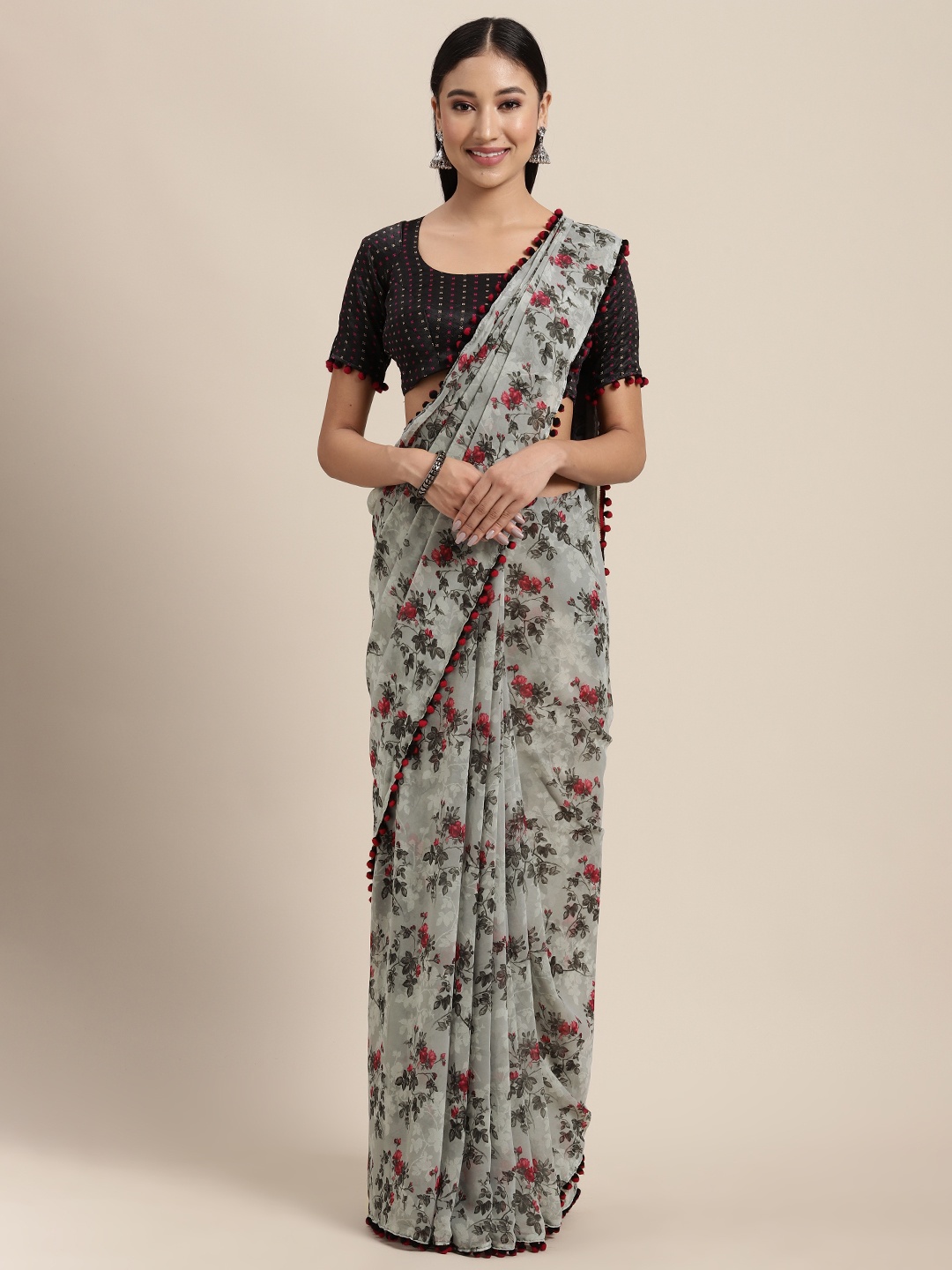 

Tikhi Imli Grey & Pink Floral Saree