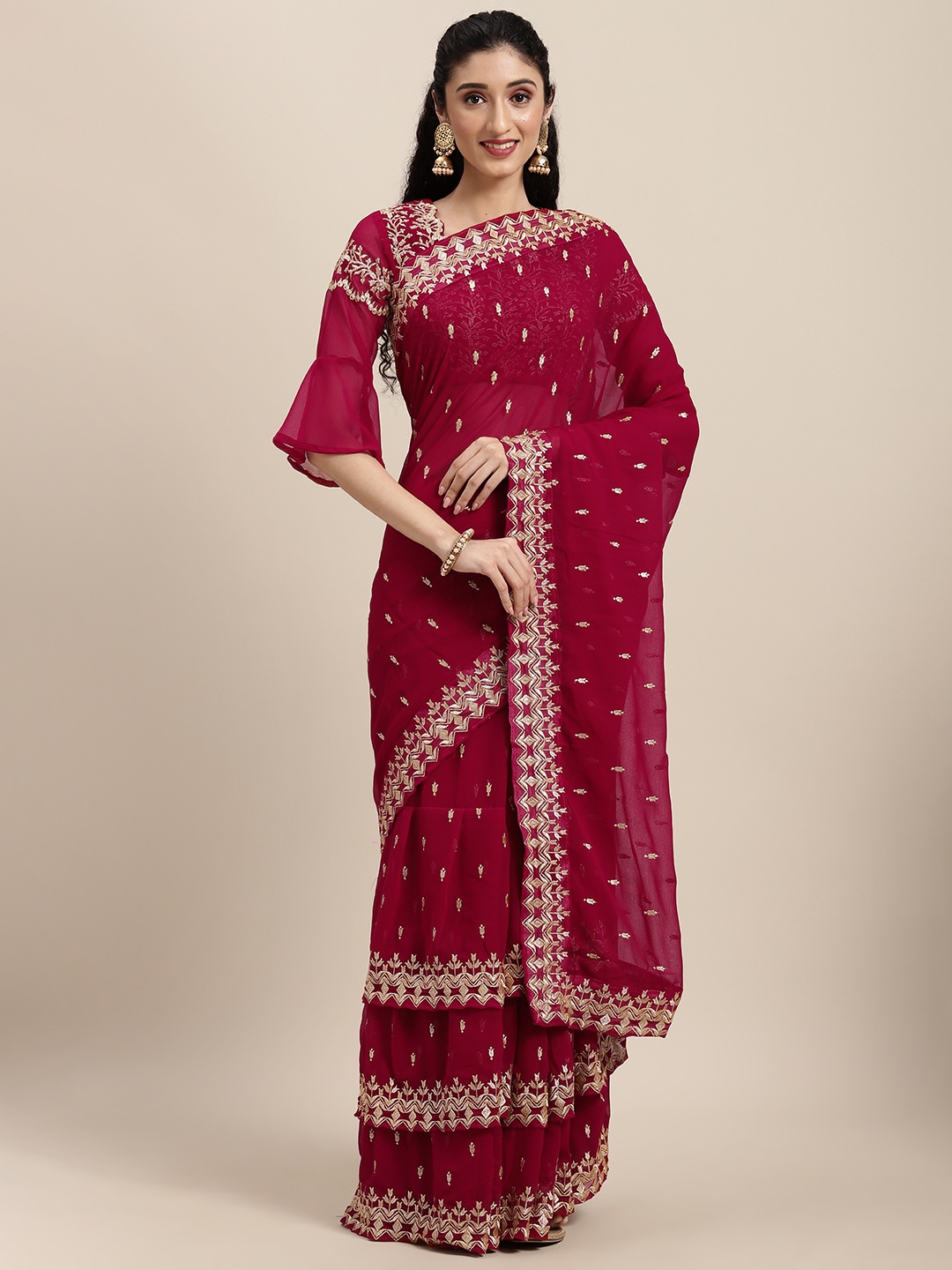

Tikhi Imli Pink Ethnic Motifs Embellished Frills Heavy Work Saree