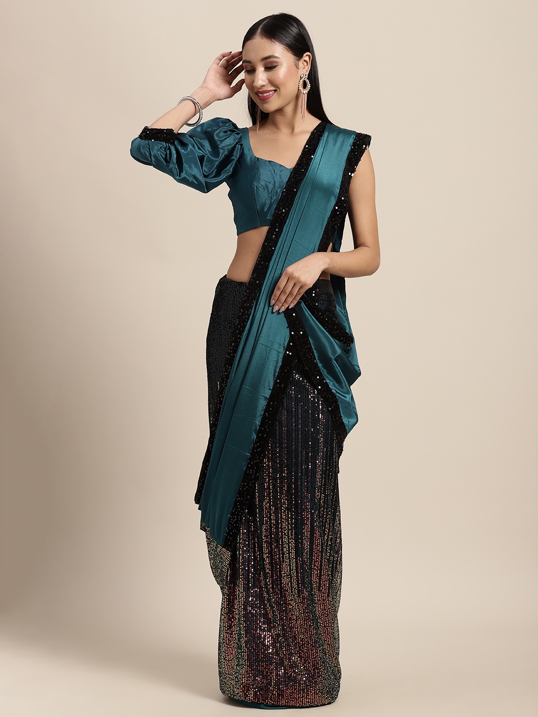 

Tikhi Imli Teal Blue & Black Embellished Sequinned Party Saree