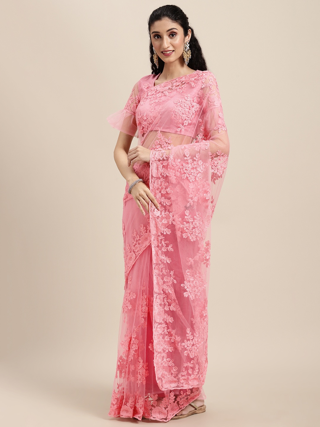 

Tikhi Imli Pink Floral Embroidered Sequinned Net Saree