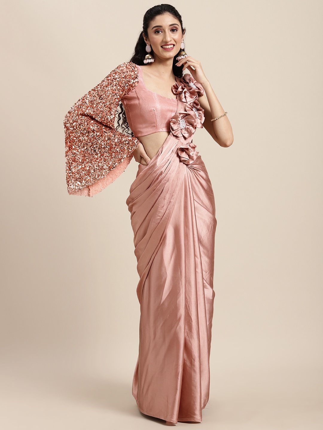 

Tikhi Imli Pink Applique Ruffled Saree