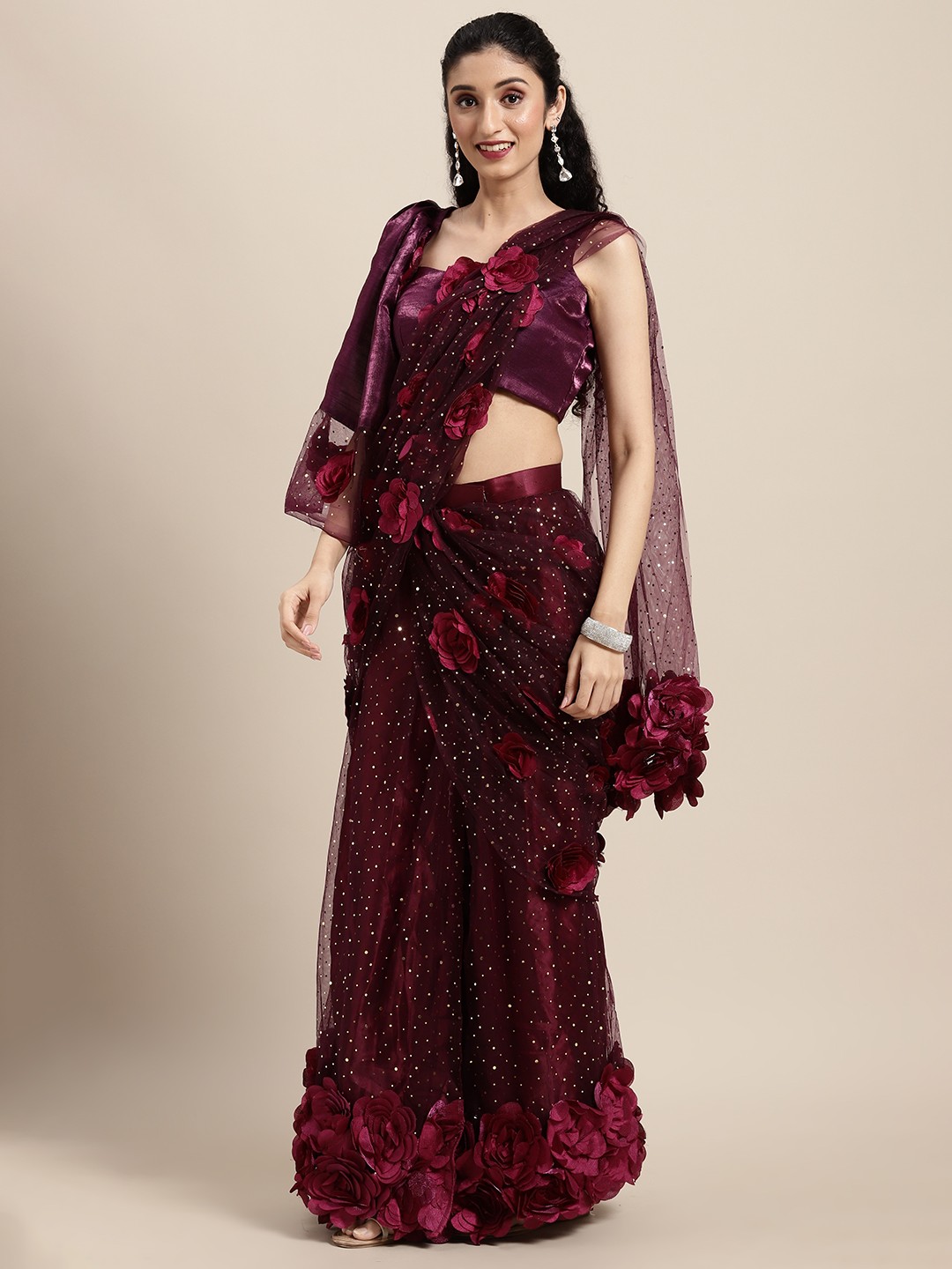 

Tikhi Imli Magenta Patchwork Net Ready to Wear Saree