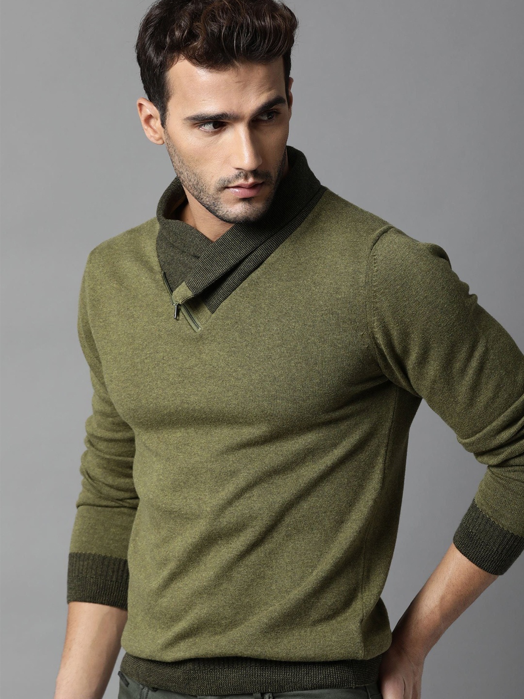 

RARE RABBIT Men Denver Slim Fit Mock Collar Sweater, Olive