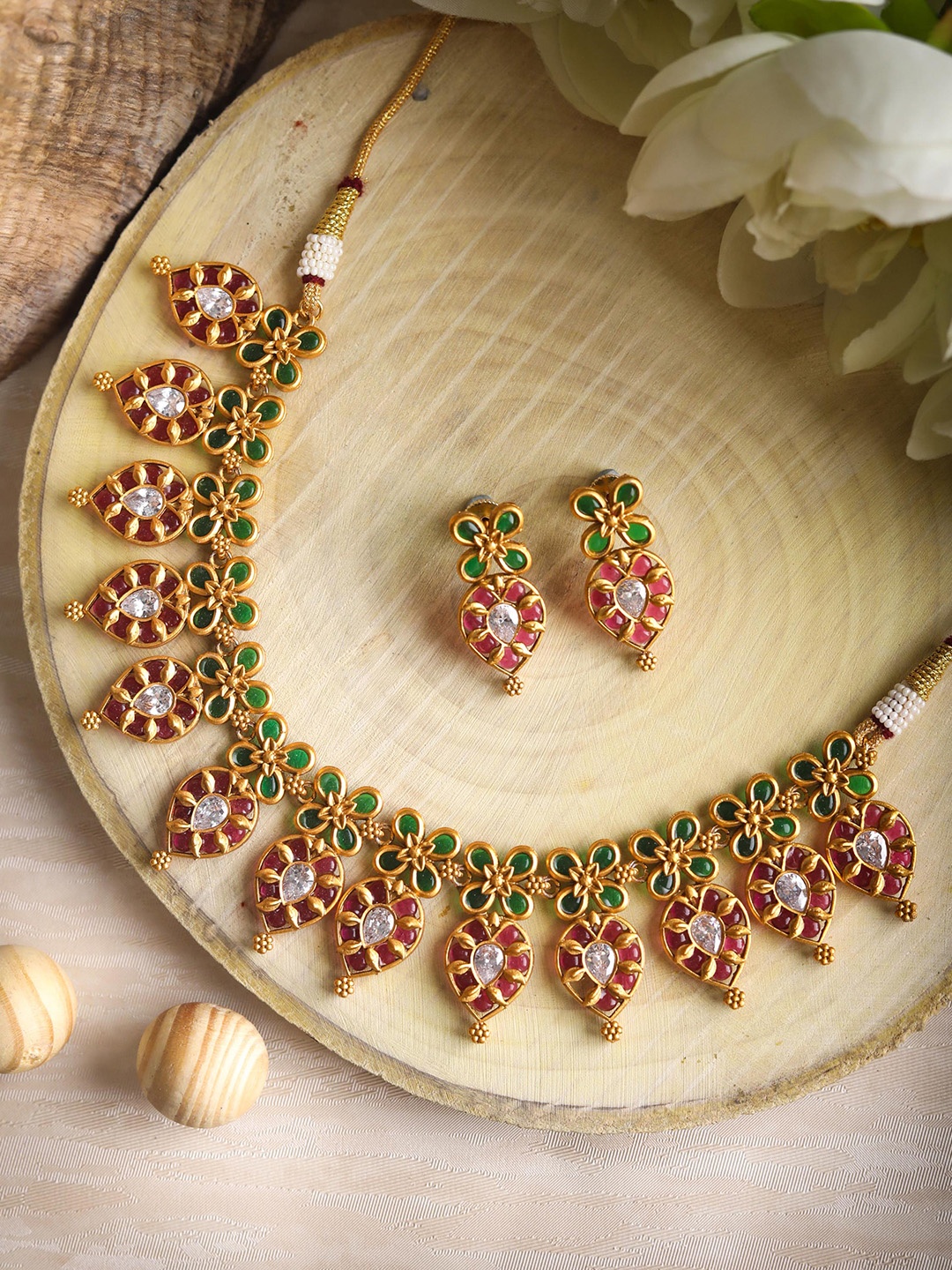 

Priyaasi Gold-Plated Pink & Green Stone-Studded Handcrafted Jewellery Set