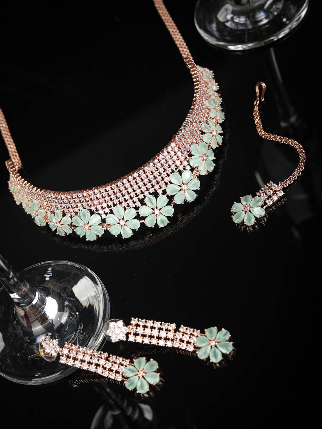 

Priyaasi Rose Gold-Plated Green AD & CZ- Studded Handcrafted Jewellery Set