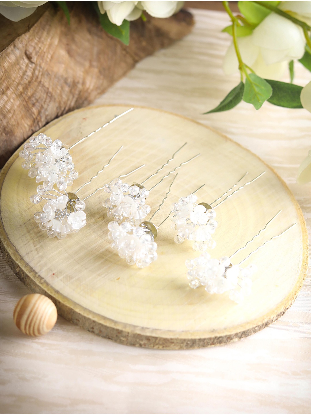

Priyaasi Women White Crystal Floral Silver Plated Bun Hair Accessory