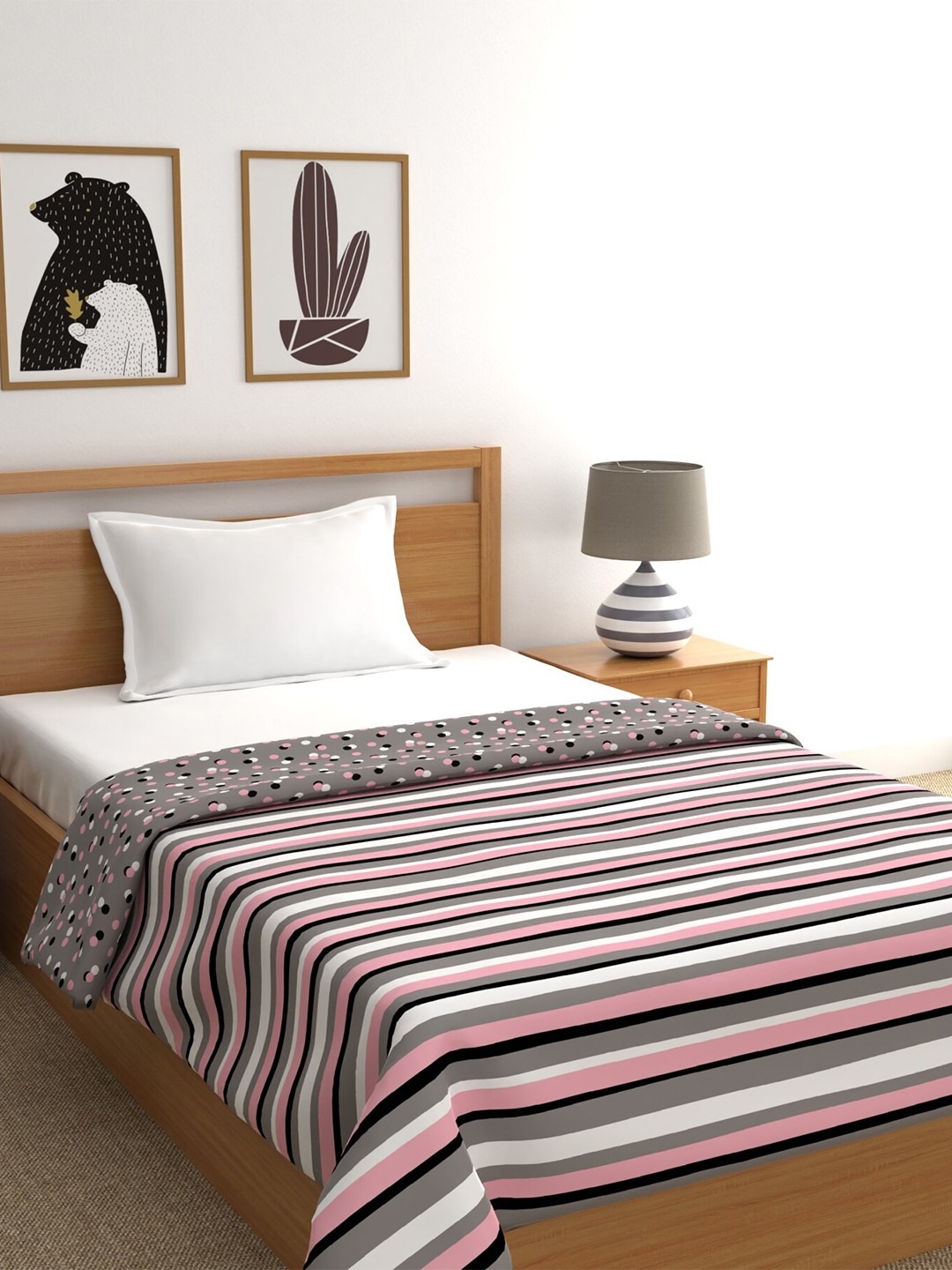 

Trident Pink & Off White Striped Microfiber AC Room Reversible Single Bed Dohar