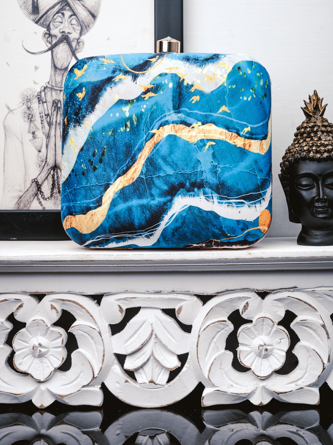 

NR By Nidhi Rathi Blue & White Printed Box Clutch With Metal Strap