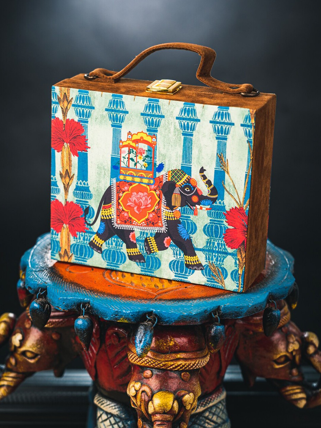 

NR By Nidhi Rathi Turquoise Blue & Orange Printed Box Clutch