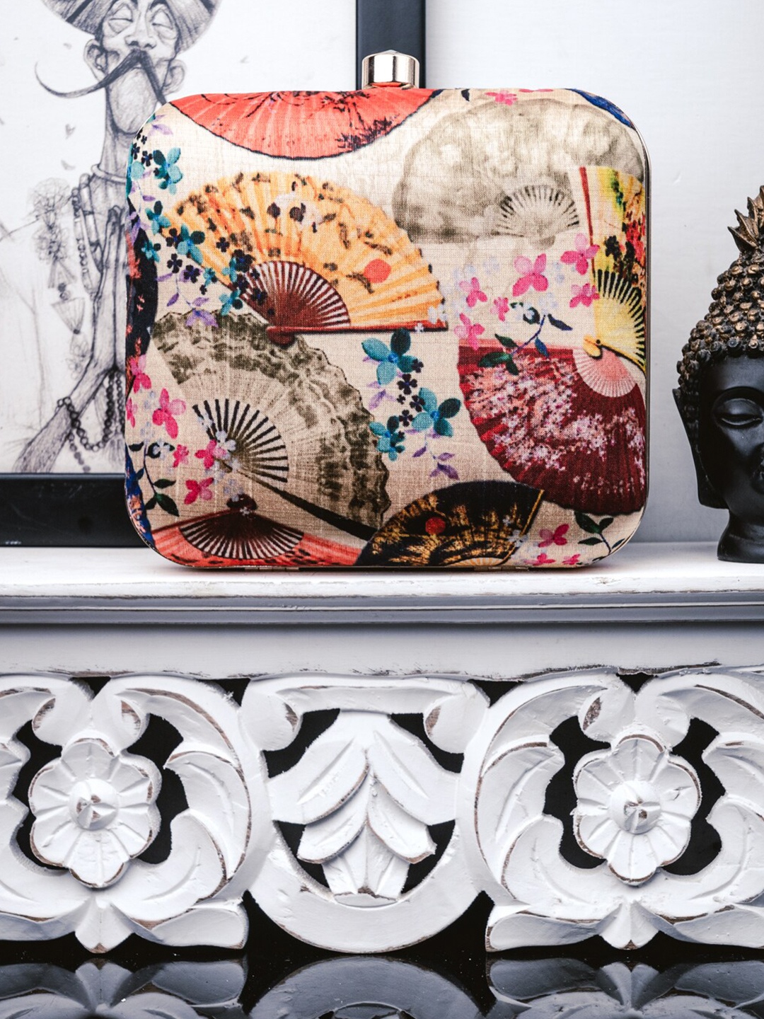 

NR By Nidhi Rathi Pink & Black Printed Box Clutch