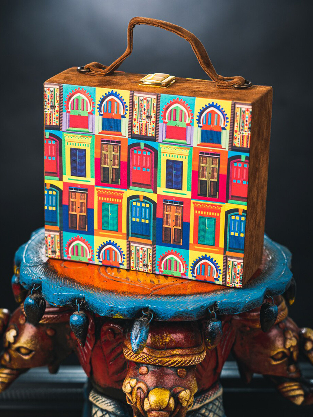 

NR By Nidhi Rathi Orange & Blue Printed Box Clutch