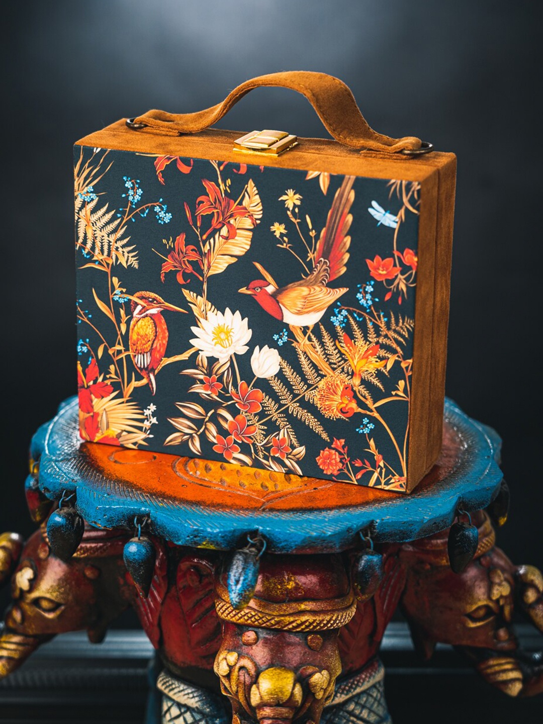 

NR By Nidhi Rathi Black & Orange Printed Box Clutch