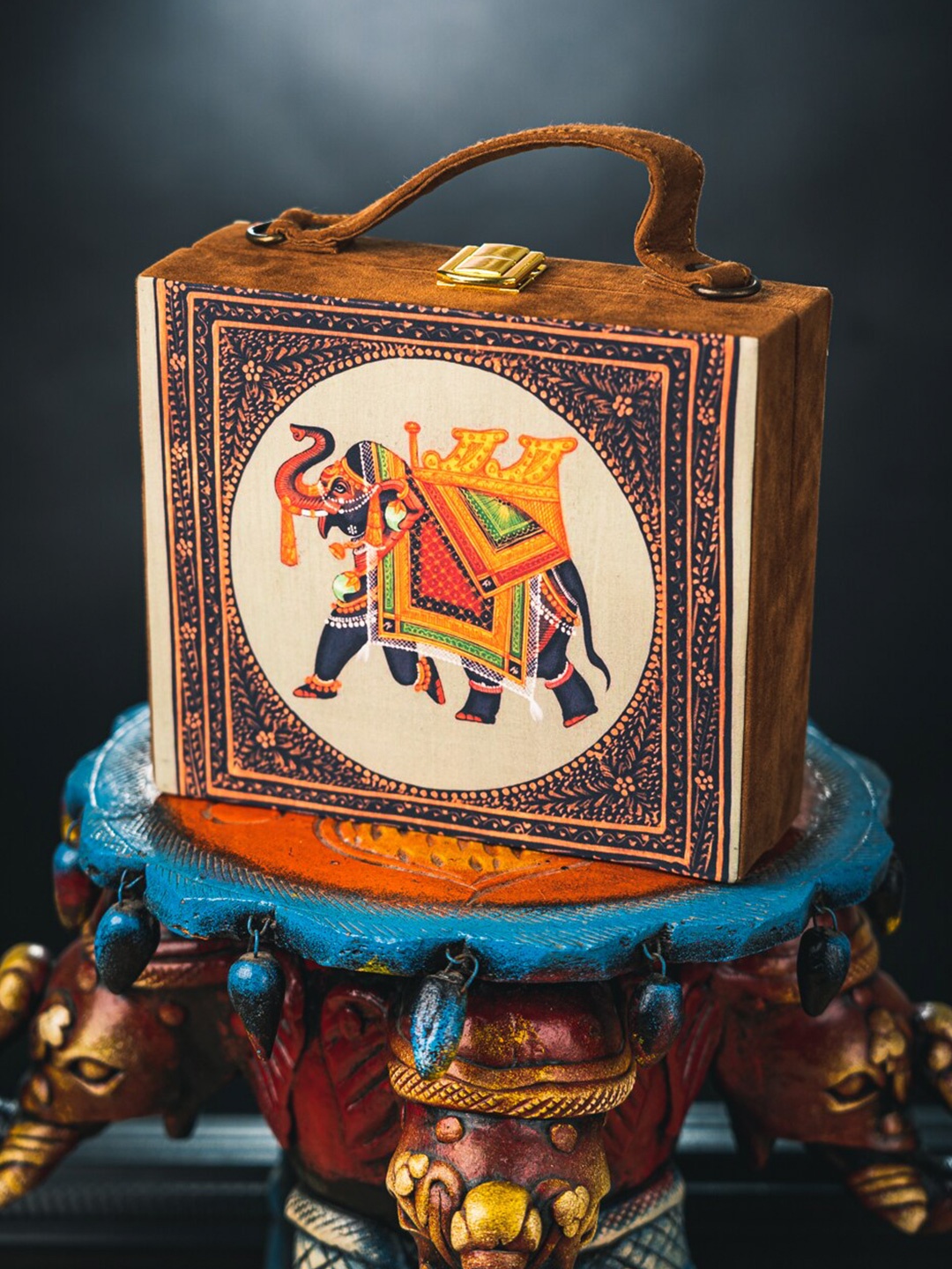 

NR By Nidhi Rathi Brown & Orange Elephant Printed Box Clutch