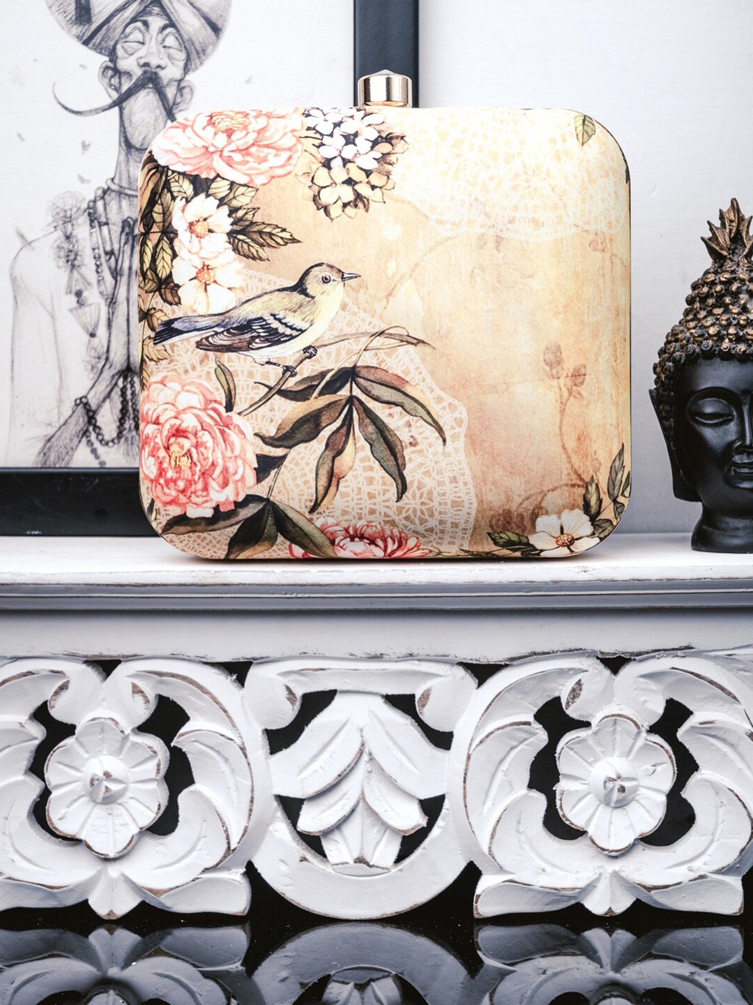 

NR By Nidhi Rathi Beige & Brown Printed Box Clutch