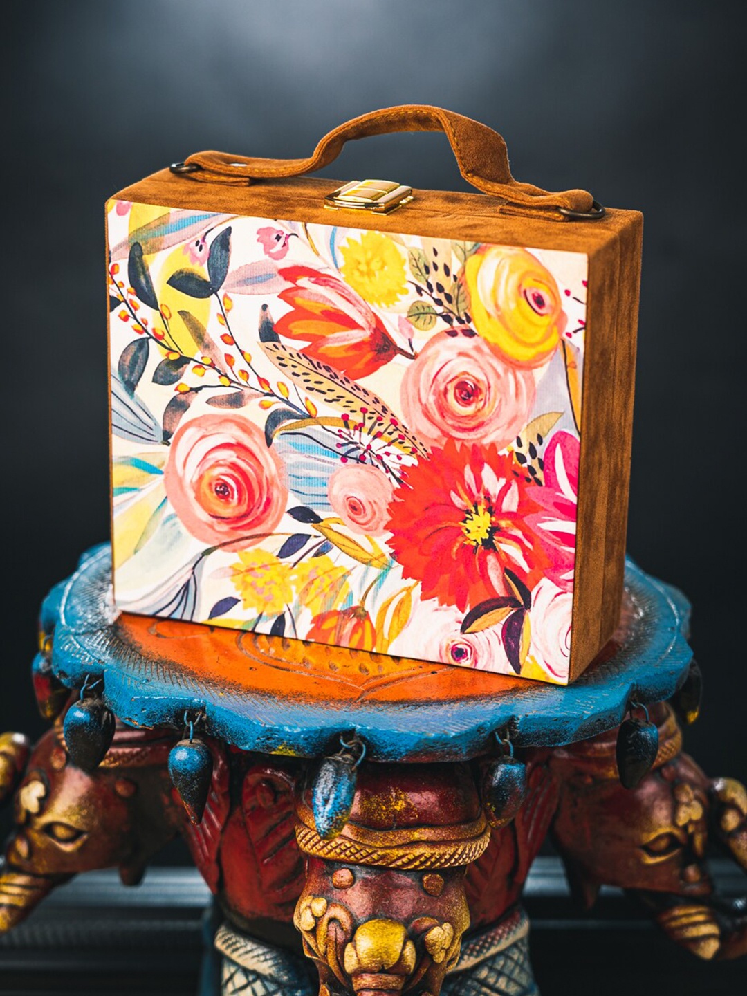 

NR By Nidhi Rathi Brown & Multicoloured Floral Printed Box Clutch With Detachable Strap