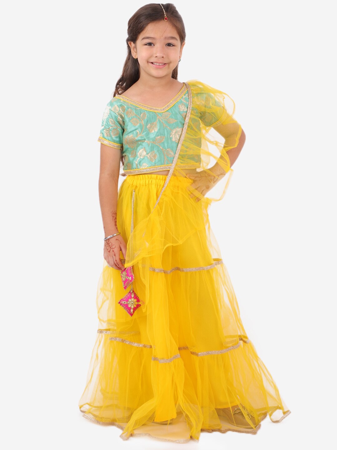 

KID1 Girls Green & Yellow Printed Ready to Wear Lehenga & Blouse With Dupatta