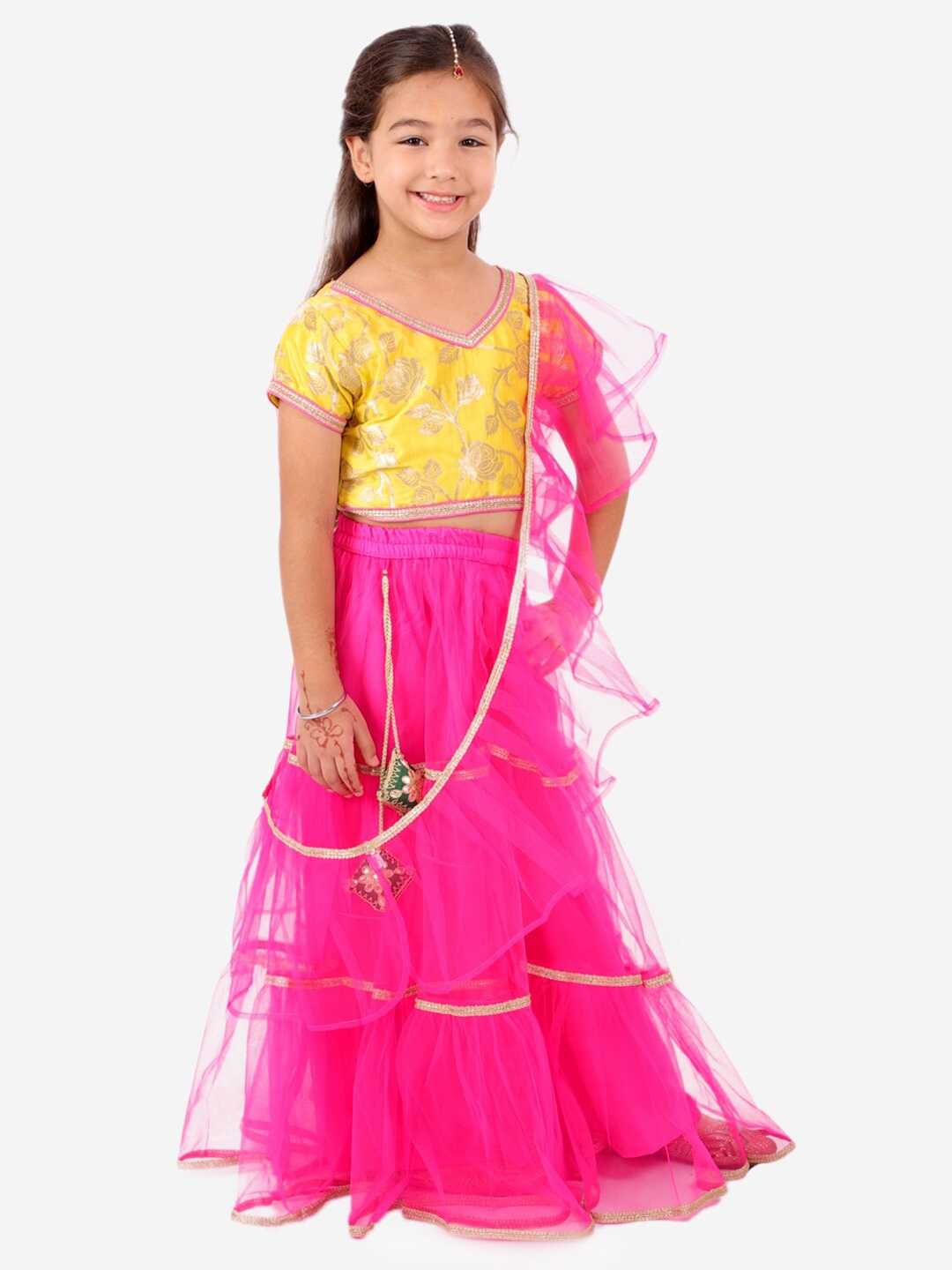 

KID1 Girls Yellow & Pink Ready to Wear Lehenga & Blouse With Dupatta